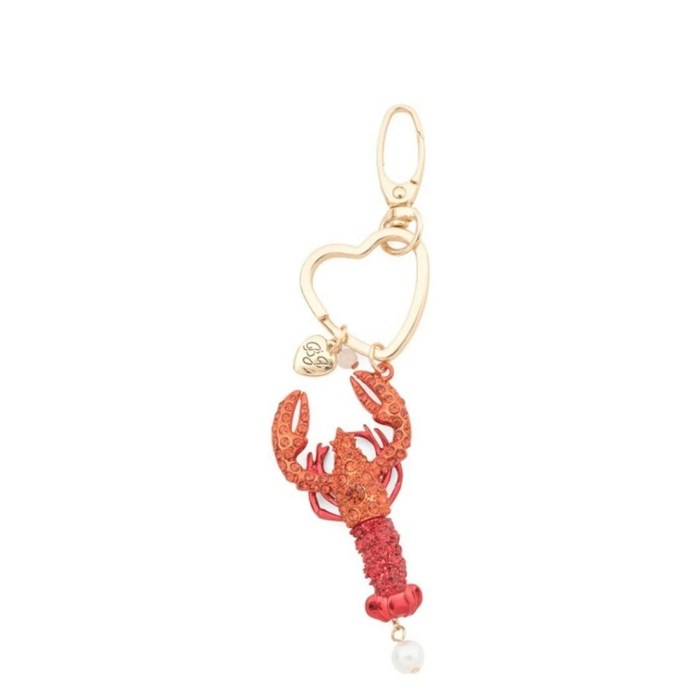 Betsey Johnson Whimsical Red Lobster Keychain Dangling Pearl & Gold Heart - Picture 2 of 4